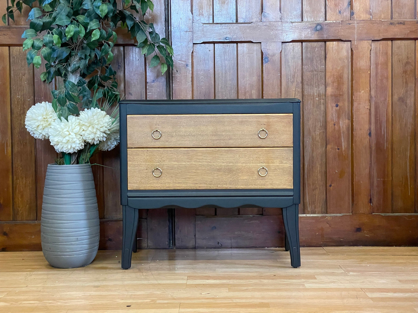 Mid Century Oak Chest of Drawers by Lebus \ Painted Black Retro Bedside Table