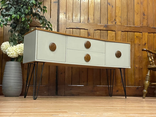 Vintage Teak Curved Sideboard \ Painted Grey Console Table \ Mid Century