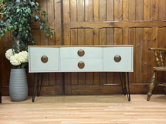 Vintage Teak Curved Sideboard \ Painted Grey Console Table \ Mid Century