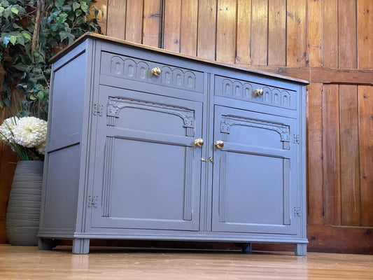 Vintage Oak Sideboard \ Painted Grey Dresser Base \ Rustic Storage Cupboard