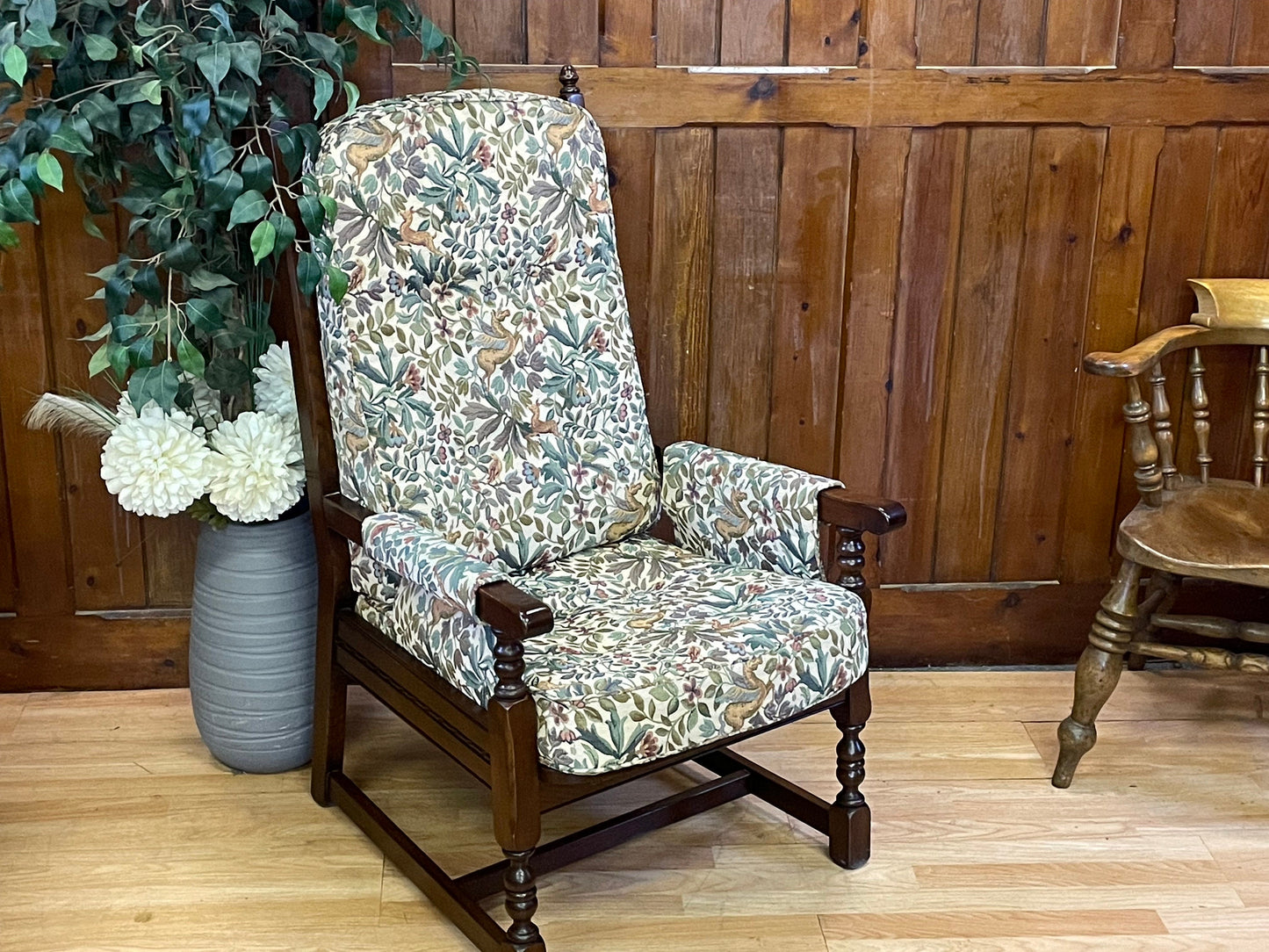 Vintage Old Charm Armchair \ Oak Framed Lounge Chair \ Upholstered Fireside Arm Chair