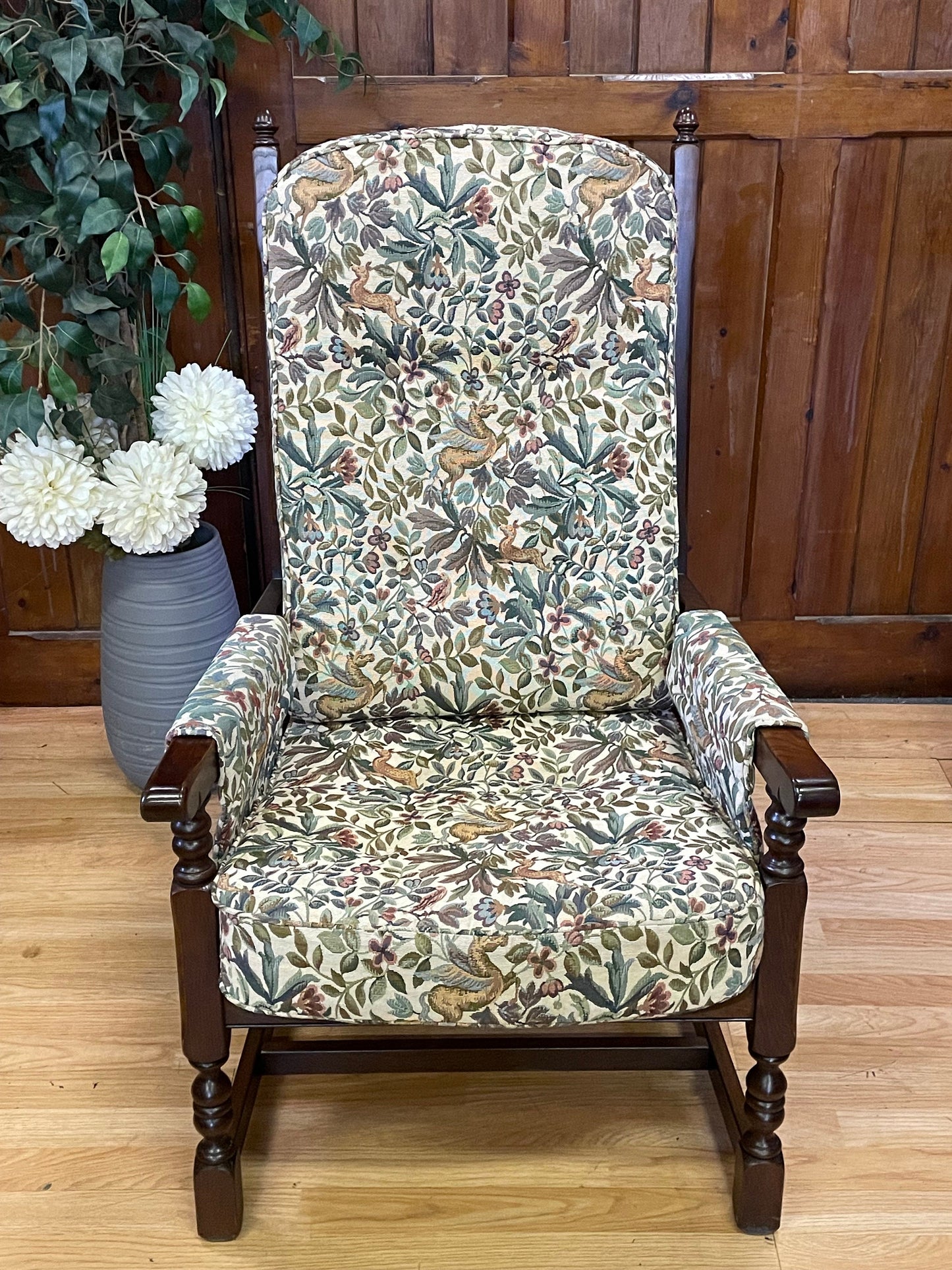 Vintage Old Charm Armchair \ Oak Framed Lounge Chair \ Upholstered Fireside Arm Chair