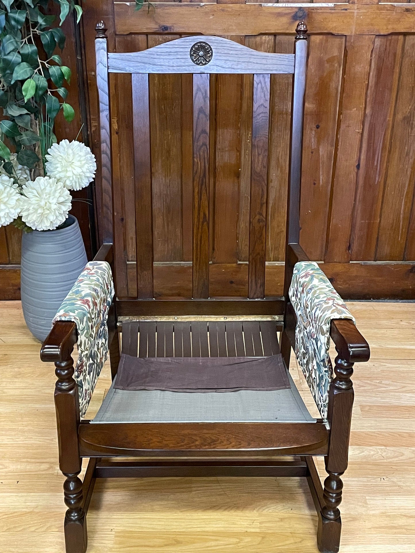 Vintage Old Charm Armchair \ Oak Framed Lounge Chair \ Upholstered Fireside Arm Chair