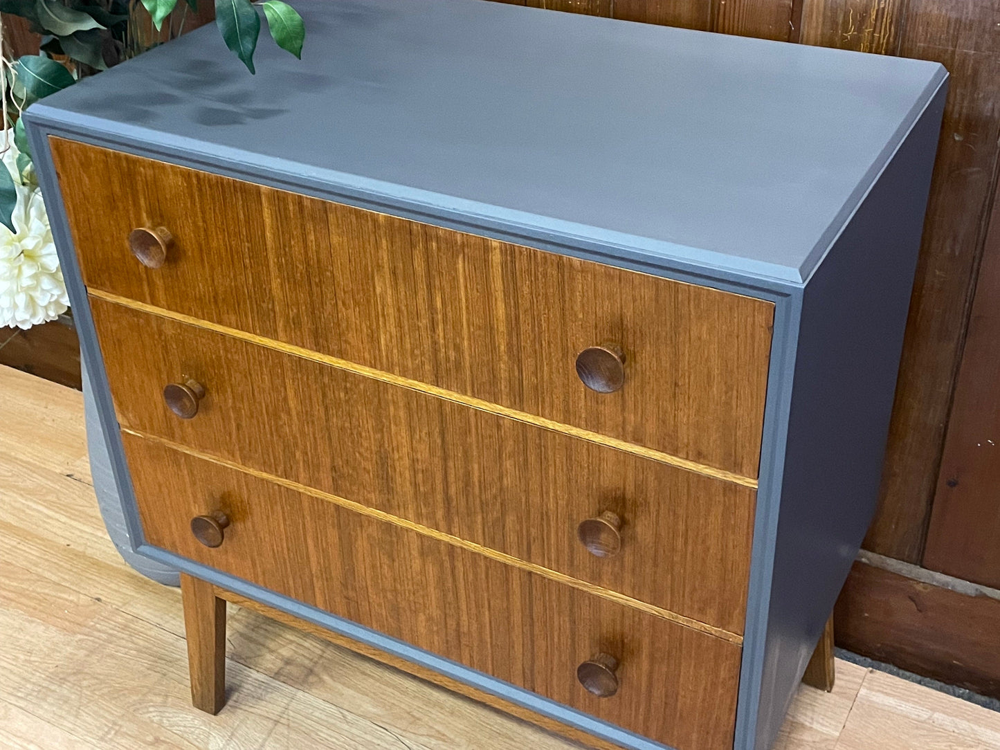 Vintage Teak Chest of Drawers \ Mid Century Sideboard \ Painted Grey Storage