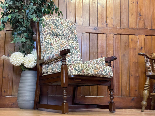 Vintage Old Charm Armchair \ Oak Framed Lounge Chair \ Upholstered Fireside Arm Chair