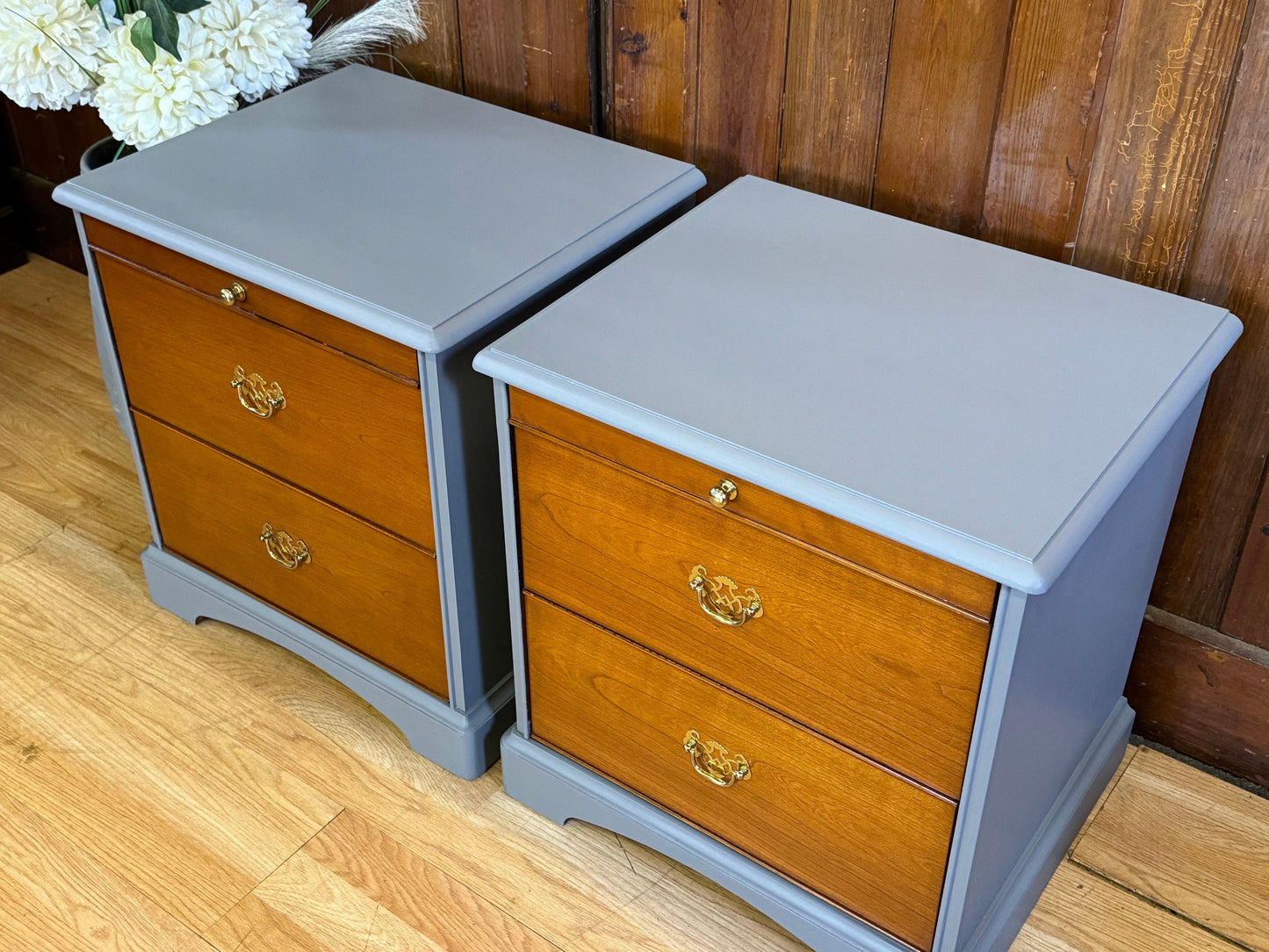 Vintage Pair Cherry Bedside Tables with Tea Tray \ Retro Bedside Lamp Tables \