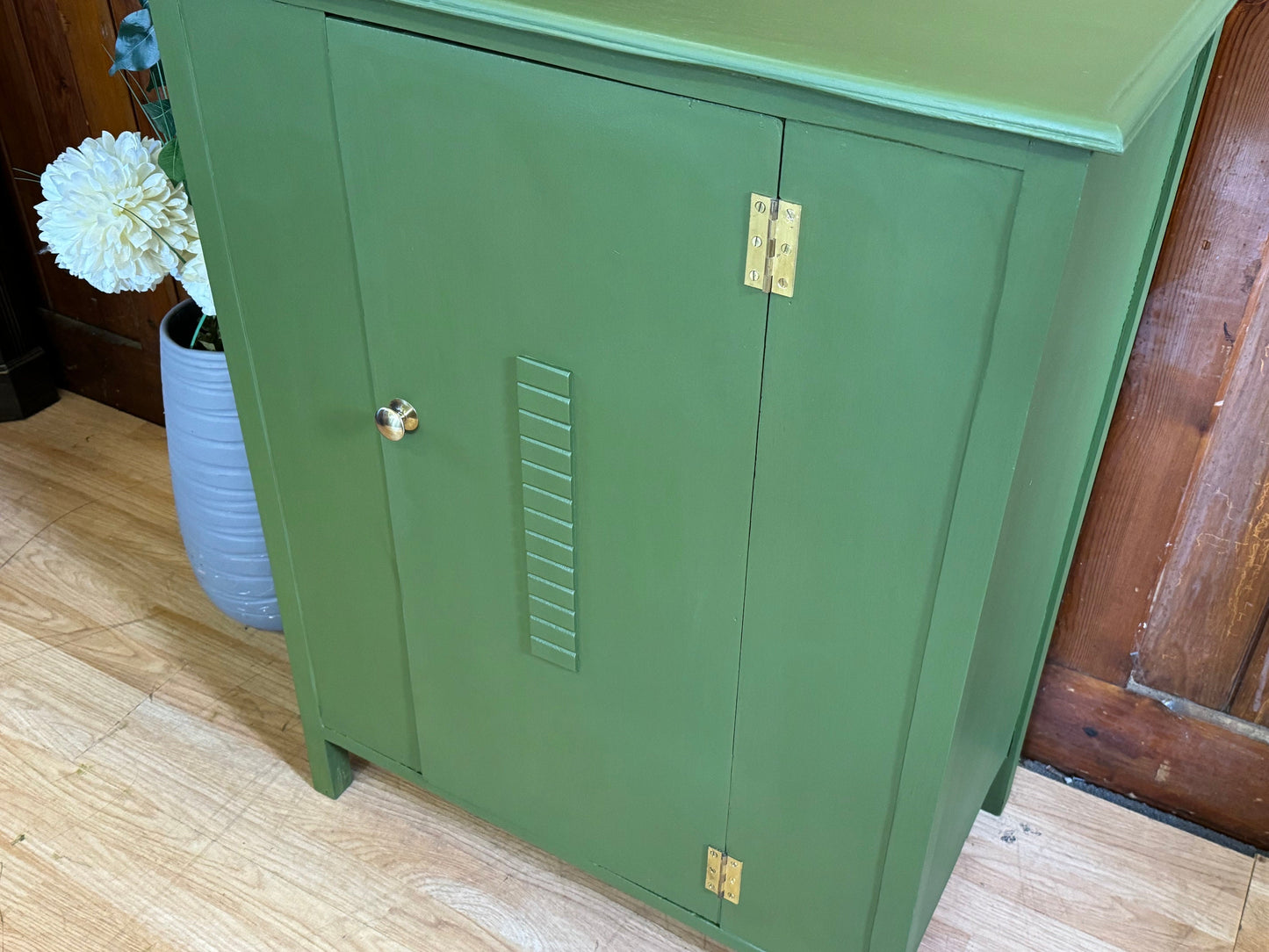 Old Rustic Painted Oak Cabinet \ Shabby Green Distressed Cupboard \ Storage Unit