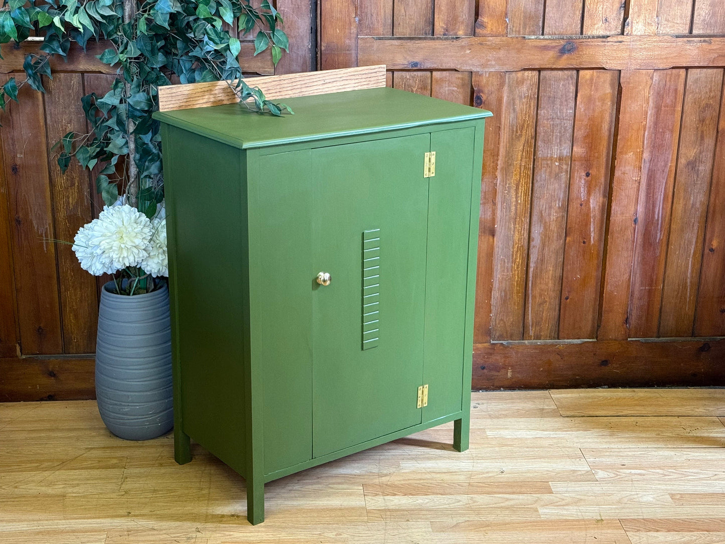 Old Rustic Painted Oak Cabinet \ Shabby Green Distressed Cupboard \ Storage Unit