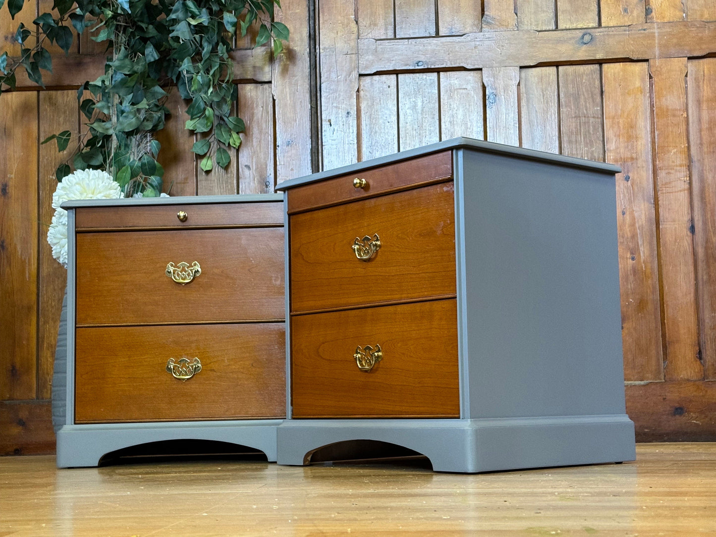 Vintage Pair Cherry Bedside Tables with Tea Tray \ Retro Bedside Lamp Tables \