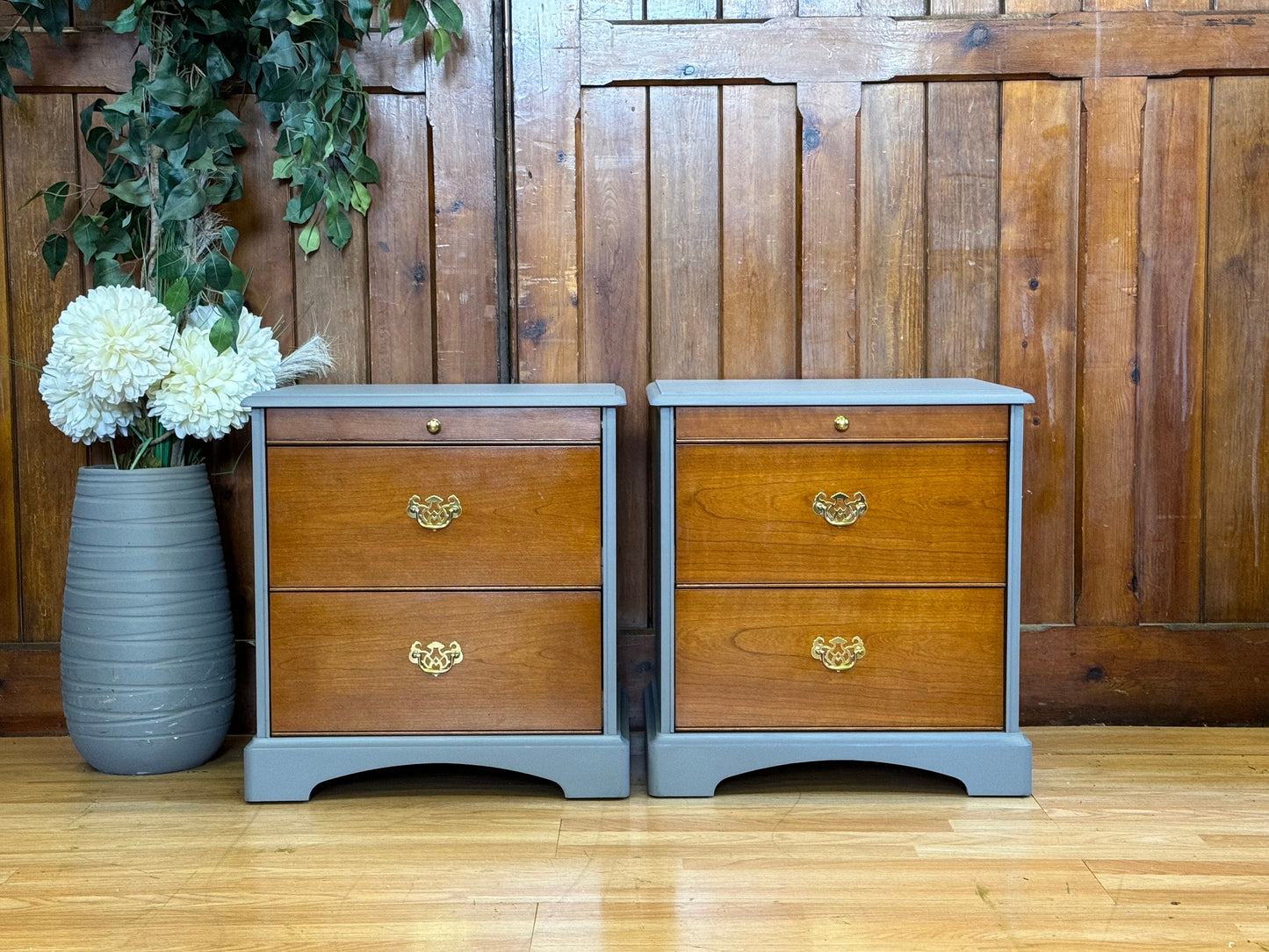 Vintage Pair Cherry Bedside Tables with Tea Tray \ Retro Bedside Lamp Tables \