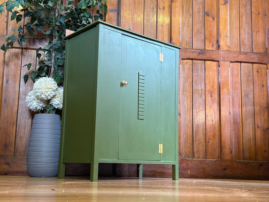 Old Rustic Painted Oak Cabinet \ Shabby Green Distressed Cupboard \ Storage Unit