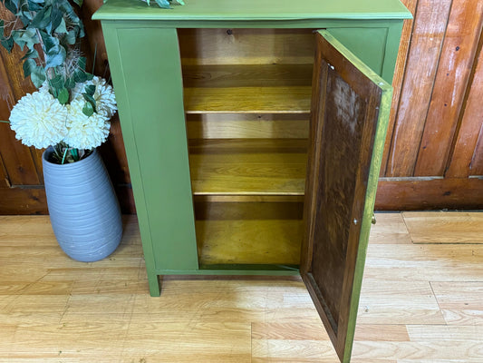 Old Rustic Painted Oak Cabinet \ Shabby Green Distressed Cupboard \ Storage Unit