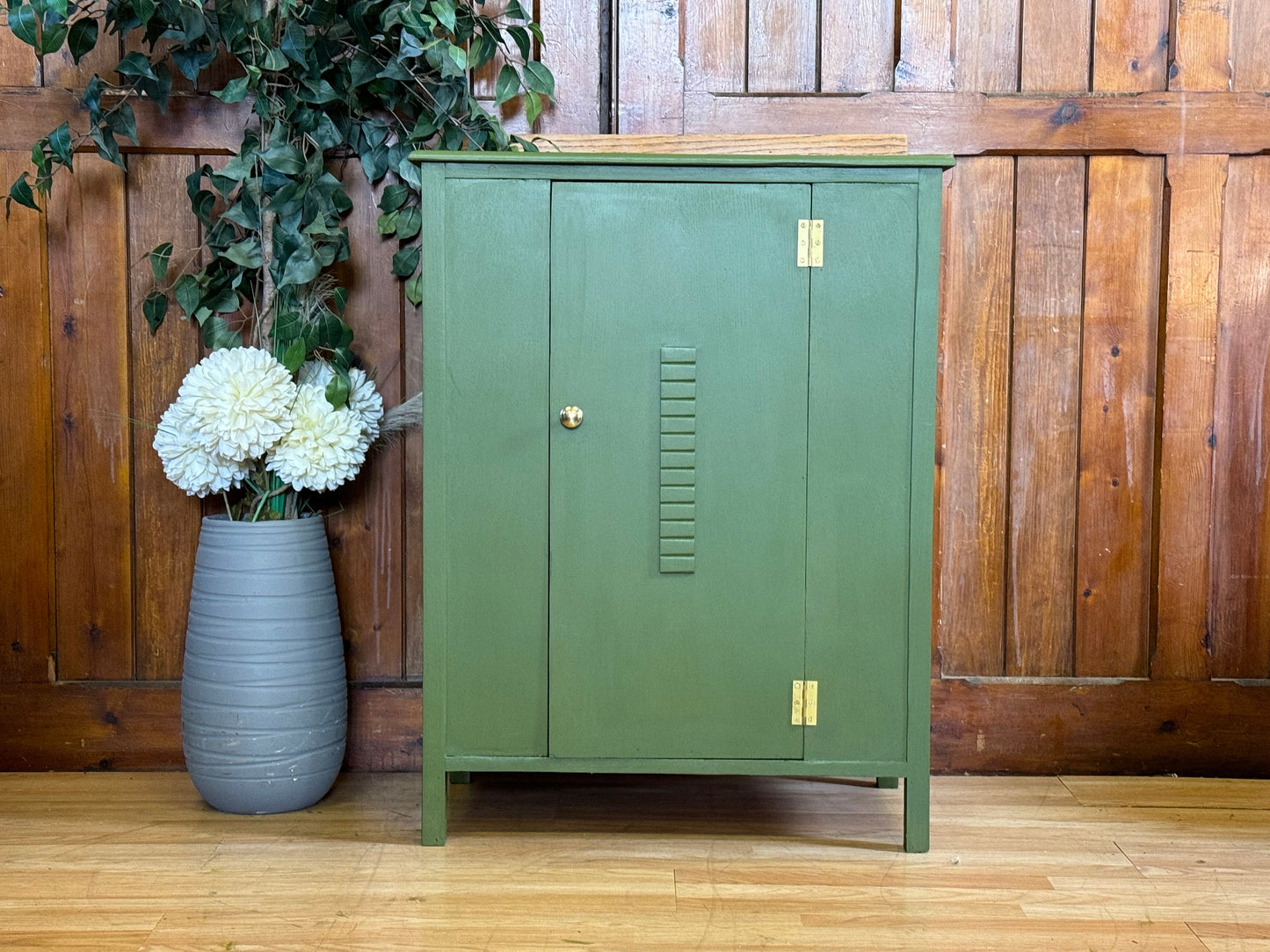 Old Rustic Painted Oak Cabinet \ Shabby Green Distressed Cupboard \ Storage Unit