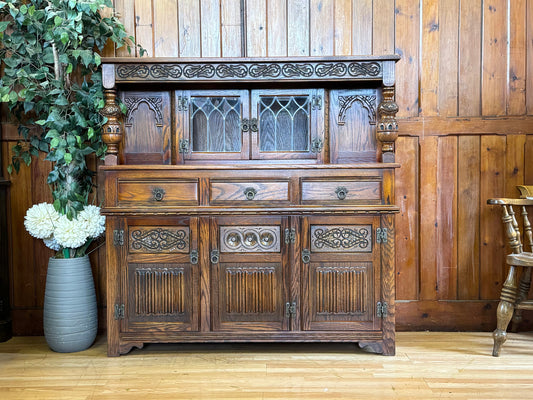 Vintage Old Charm Court Cupboard \ Large Carved Oak Sideboard \ Drinks Cabinet