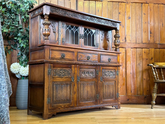 Vintage Old Charm Court Cupboard \ Large Carved Oak Sideboard \ Drinks Cabinet