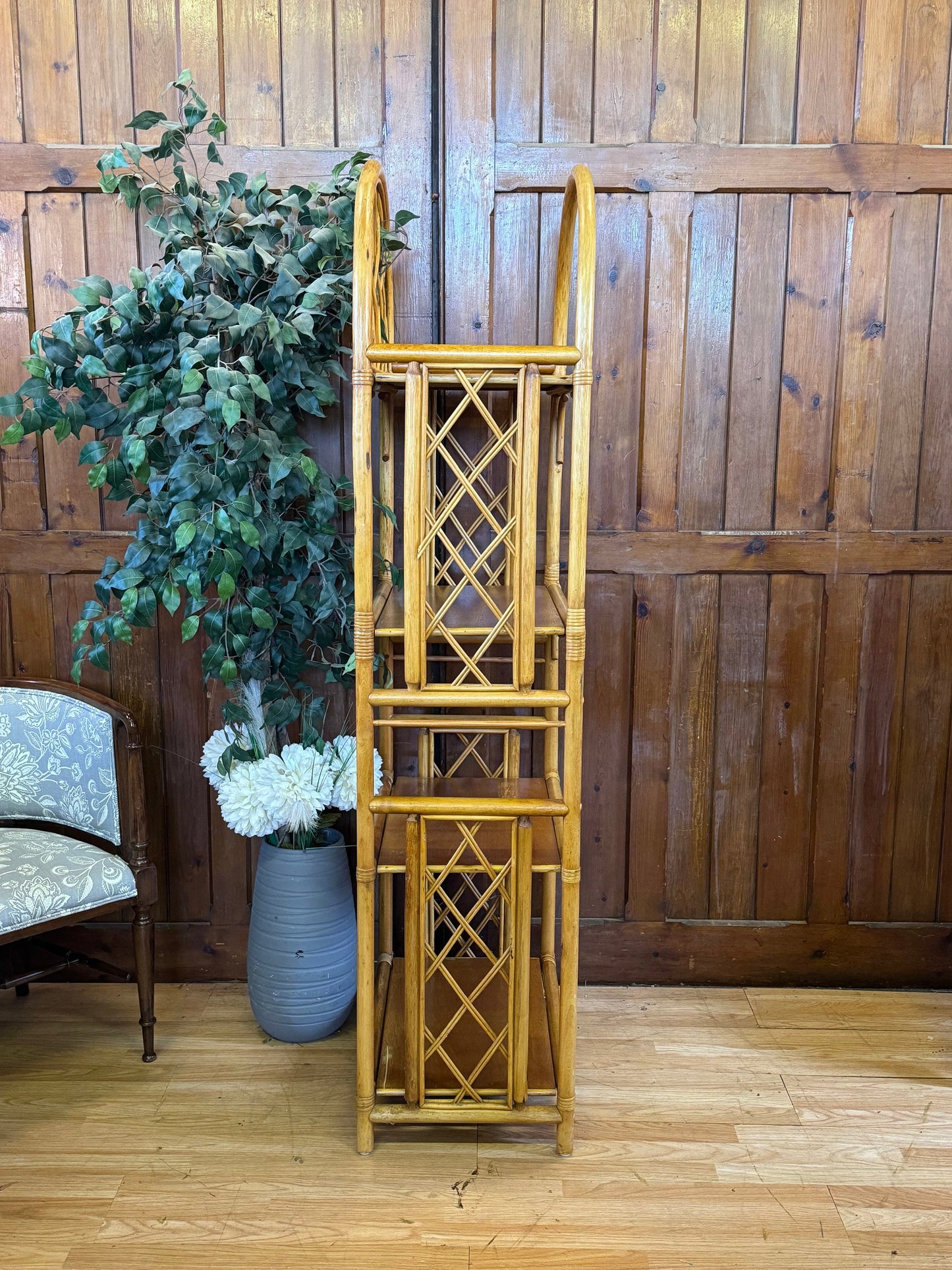 Vintage Cane Rattan Bookcase Shelves \ Bamboo Style Shelving Unit \ Boho Storage