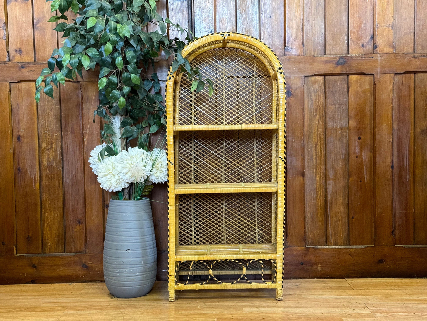 Vintage Peacock Wicker Bookcase Shelves \ Bamboo Style Shelving Unit \ Boho Storage