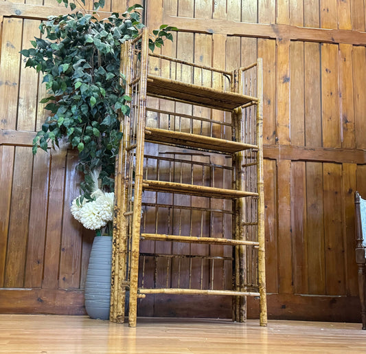 Antique Folding Bamboo Shelving Unit \ Campaign Style Boho Bookcase \ As Found