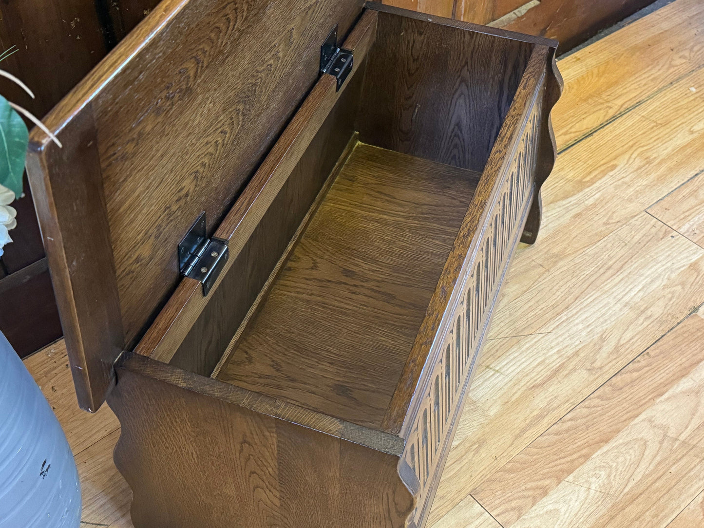 Vintage Carved Oak Blanket Box \ Small Dark Wood Ottoman \ Rustic Coffee Table