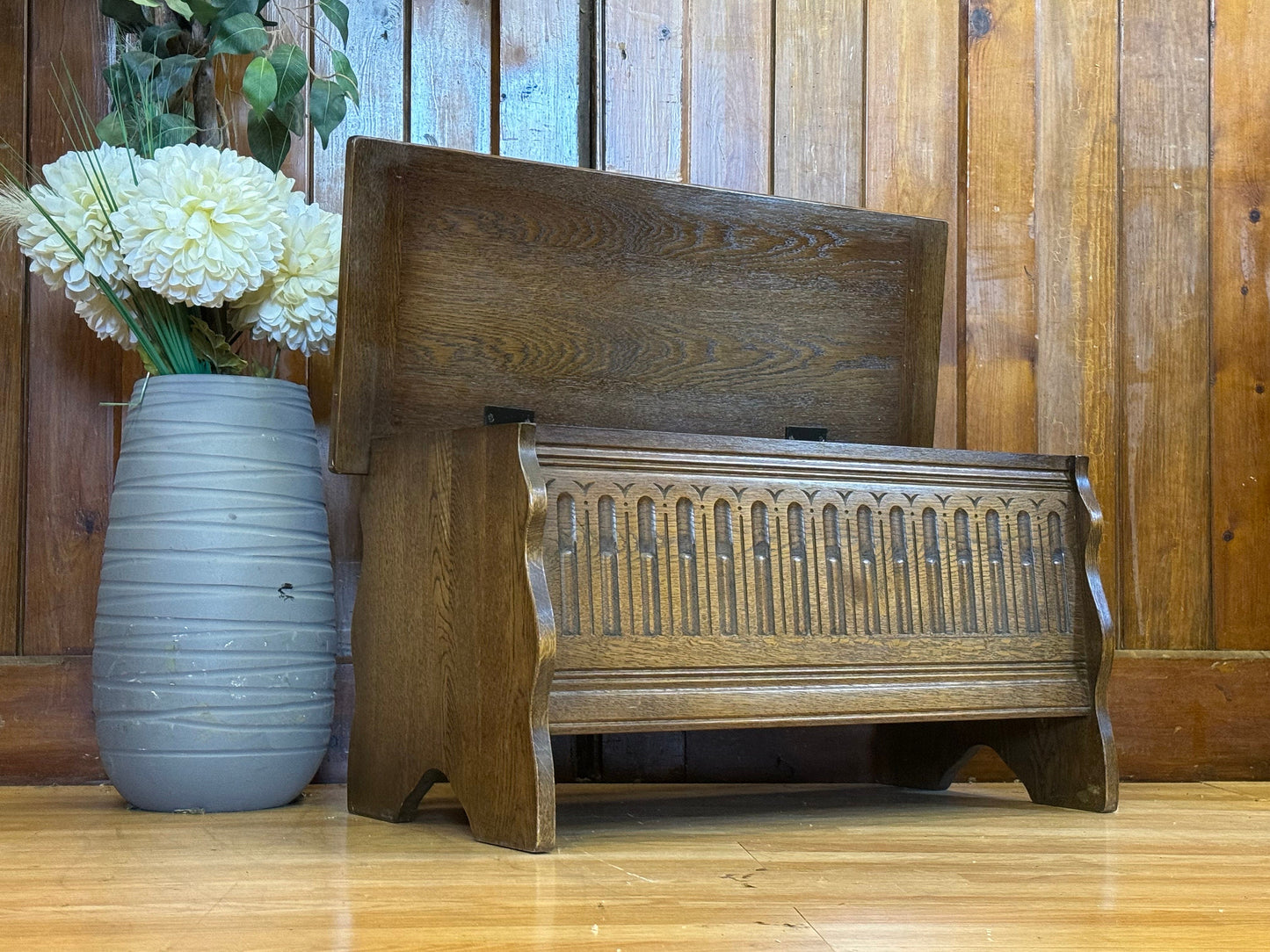 Vintage Carved Oak Blanket Box \ Small Dark Wood Ottoman \ Rustic Coffee Table