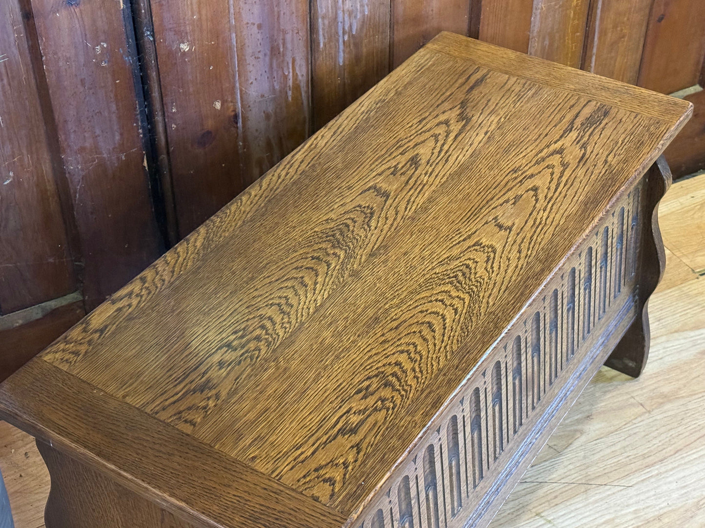 Vintage Carved Oak Blanket Box \ Small Dark Wood Ottoman \ Rustic Coffee Table