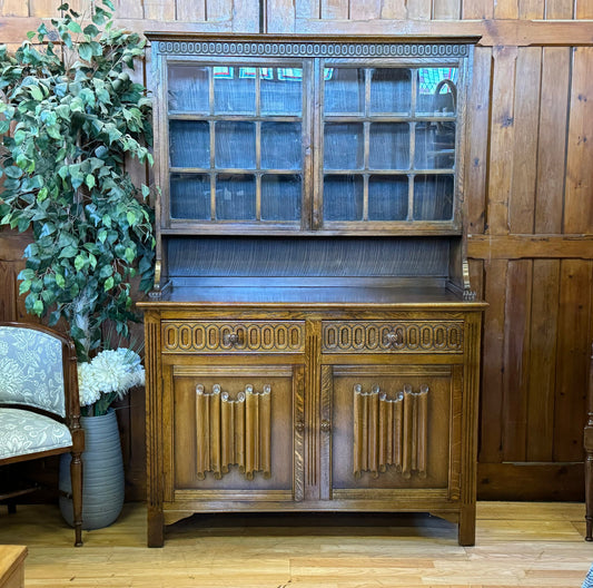 Vintage Distressed Oak Kitchen Hutch \ Rustic Glazed Dresser \ Display Cabinet