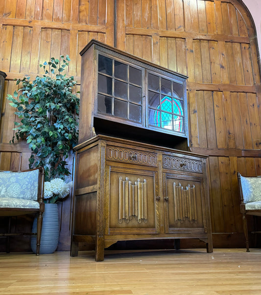 Vintage Distressed Oak Kitchen Hutch \ Rustic Glazed Dresser \ Display Cabinet