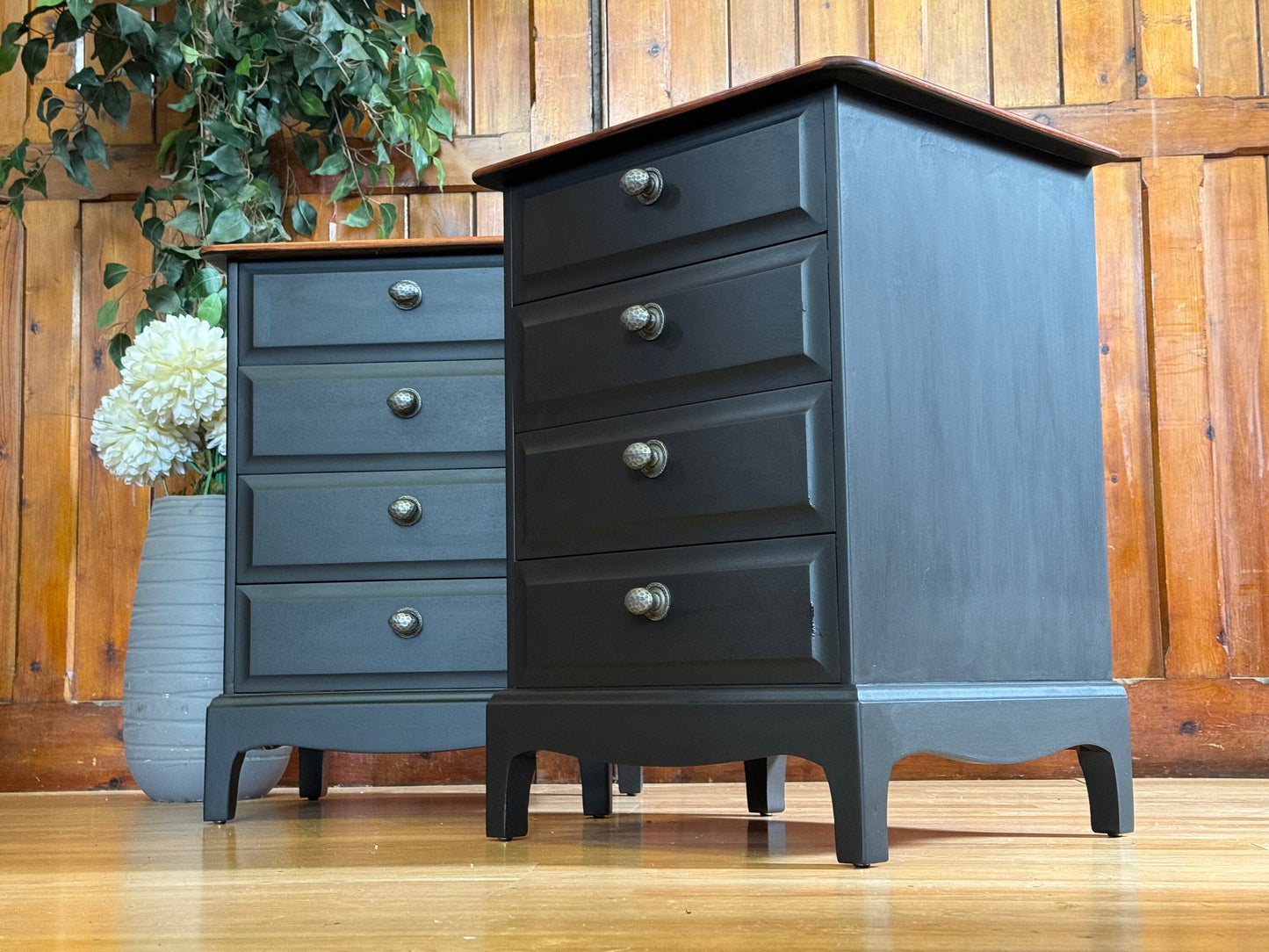 Vintage pair Stag Bedside Tables \ Hand Painted Mahogany Nightstands