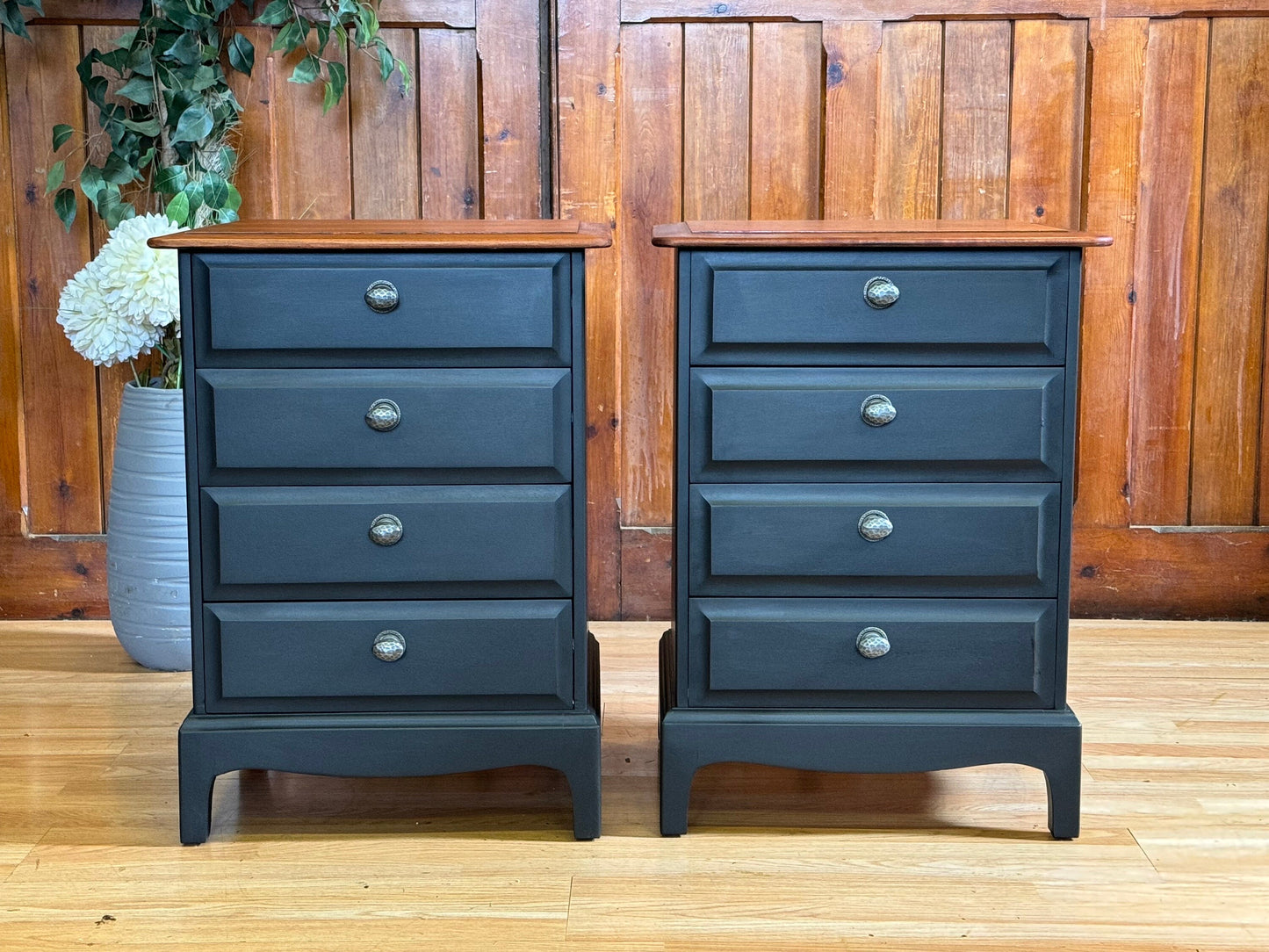 Vintage pair Stag Bedside Tables \ Hand Painted Mahogany Nightstands