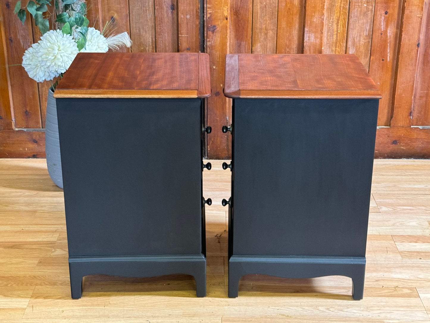 Vintage pair Stag Bedside Tables \ Hand Painted Mahogany Nightstands