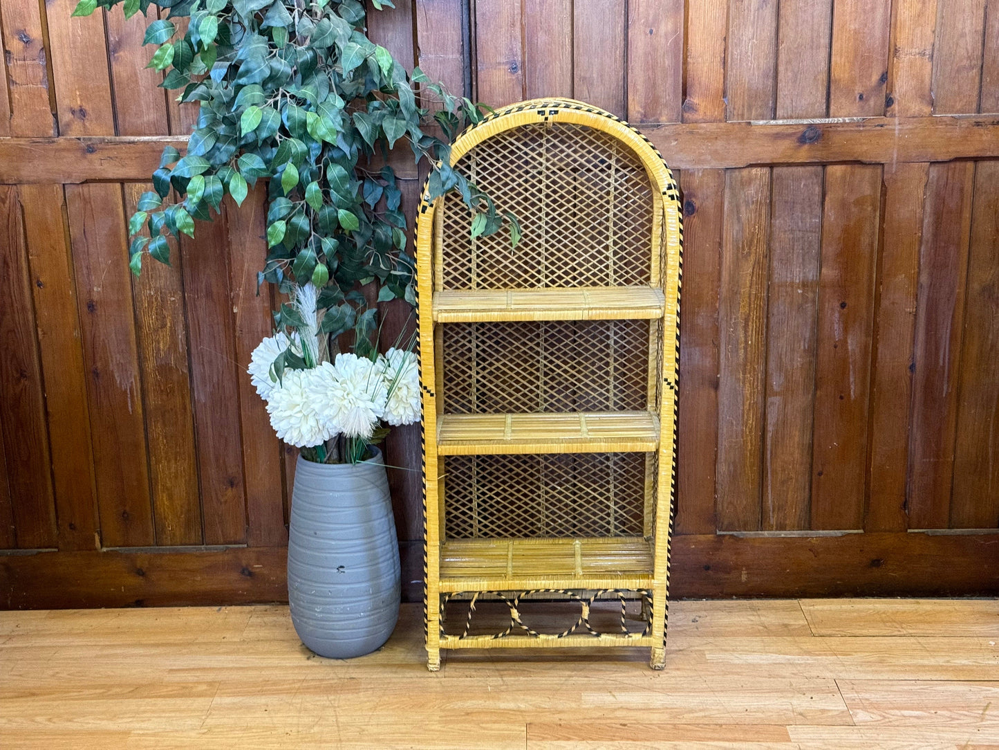 Vintage Peacock Wicker Bookcase Shelves \ Bamboo Style Shelving Unit \ Boho Storage