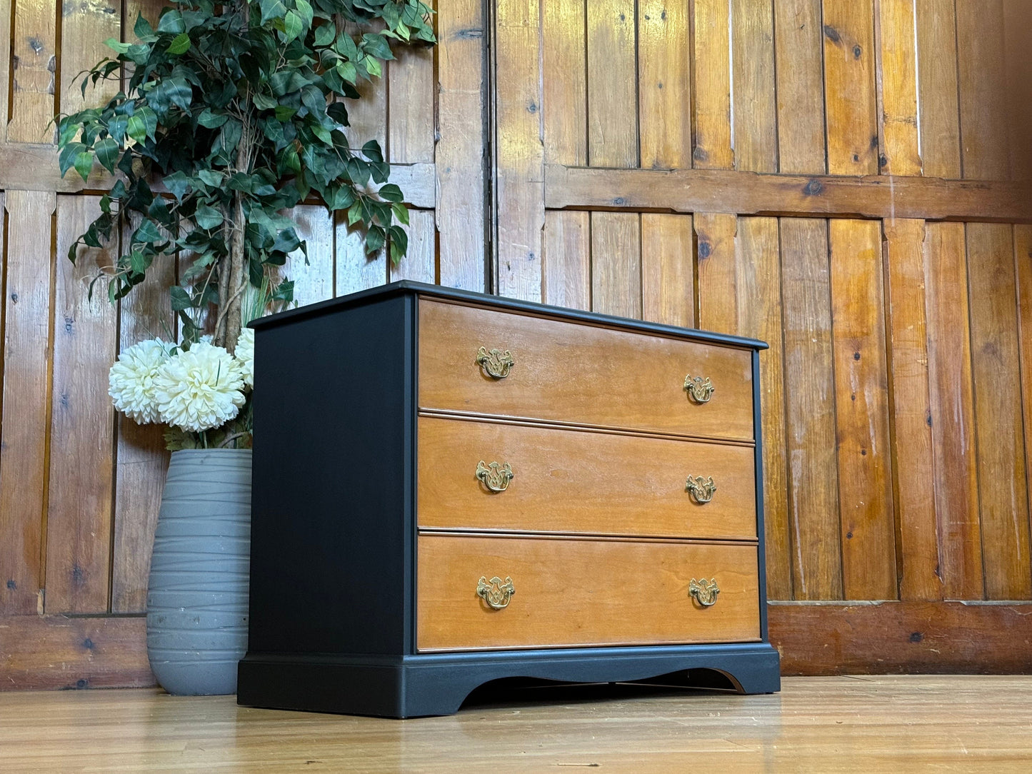 Vintage Cherry Chest of Drawers \ Stag Painted Black Draws \ Oversized Bedside