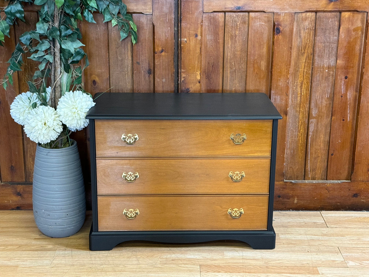 Vintage Cherry Chest of Drawers \ Stag Painted Black Draws \ Oversized Bedside