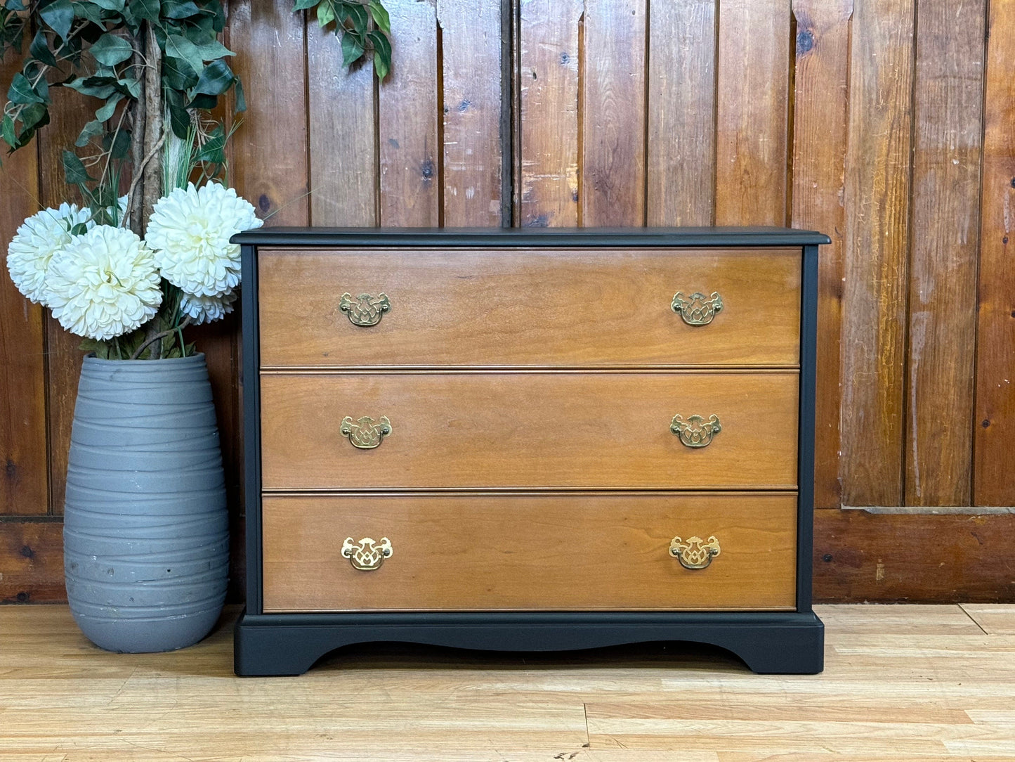 Vintage Cherry Chest of Drawers \ Stag Painted Black Draws \ Oversized Bedside