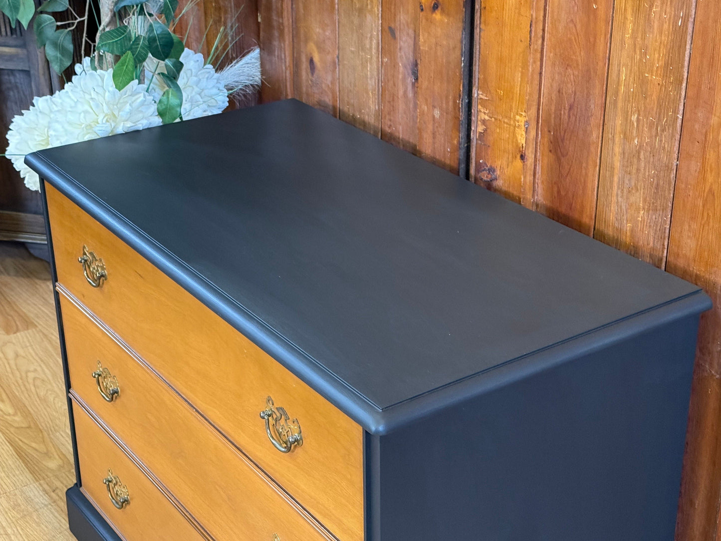 Vintage Cherry Chest of Drawers \ Stag Painted Black Draws \ Oversized Bedside