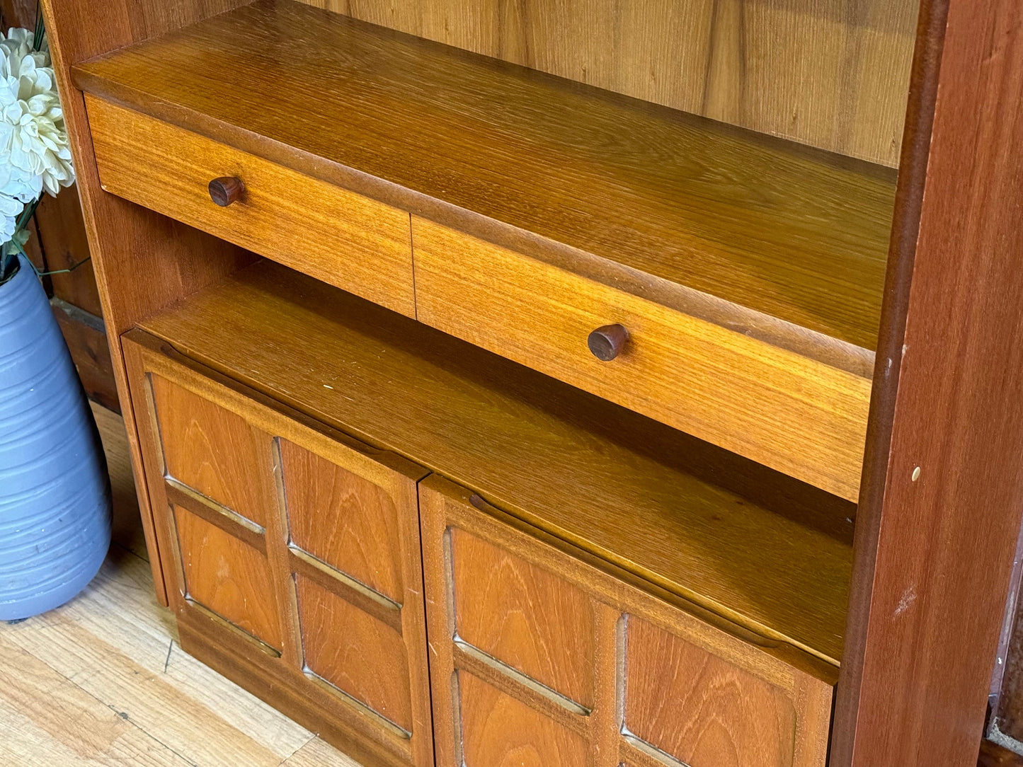 Large Teak Cabinet Bookcase by Nathan \ Mid Century Book Shelves \ Shelving Unit