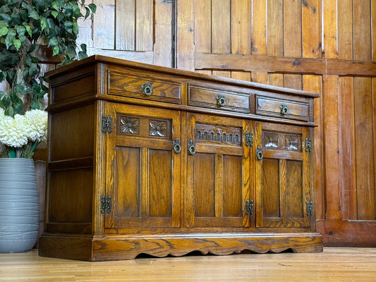 Vintage Old Charm Golden Oak Sideboard \ Large Carved Dresser Base Cabinet