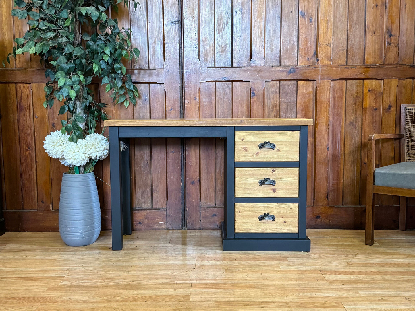 Modern Solid Pine Desk \ Painted Black Chunky Farmhouse Dressing Table