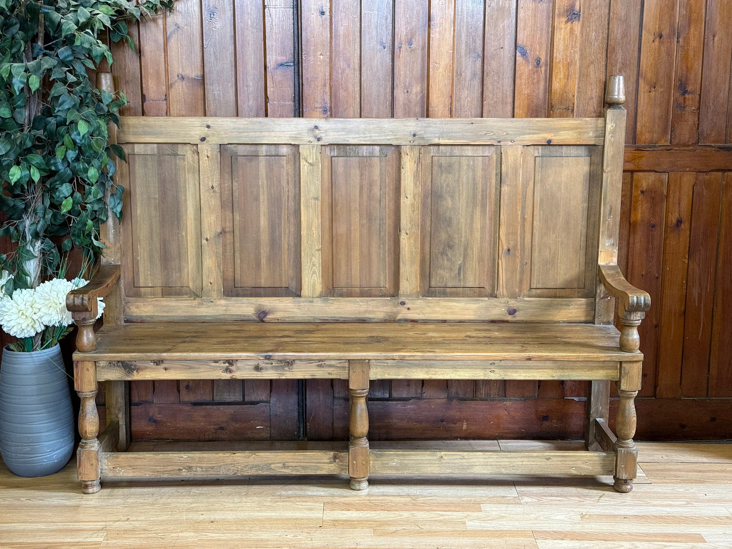 Rustic High Back Panelled Bench \ Vintage Farmhouse Pine Mudroom Seat \ Dining Bench