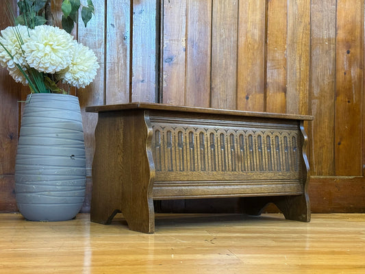 Vintage Carved Oak Blanket Box \ Small Dark Wood Ottoman \ Rustic Coffee Table