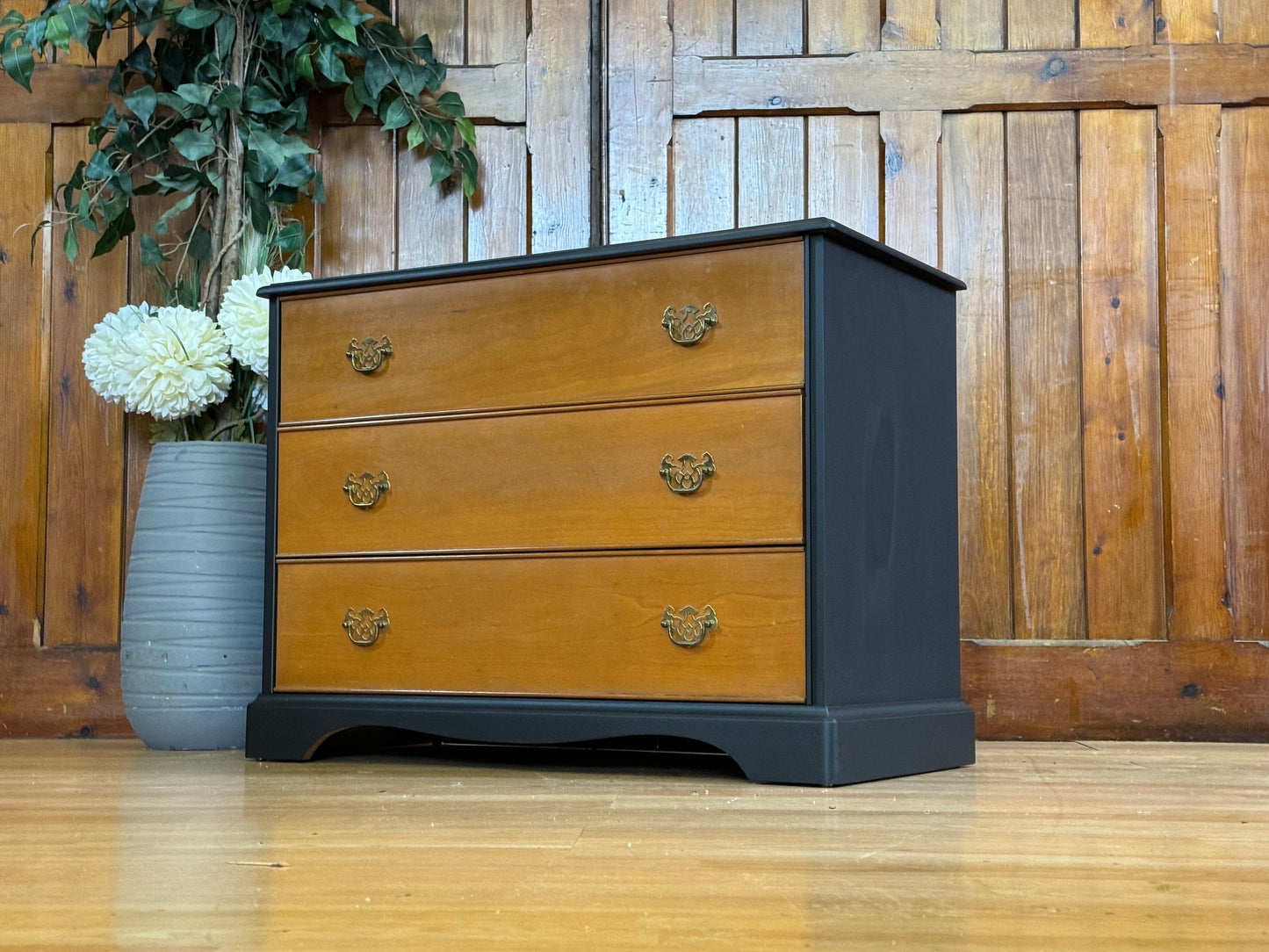 Vintage Cherry Chest of Drawers \ Stag Painted Black Draws \ Oversized Bedside