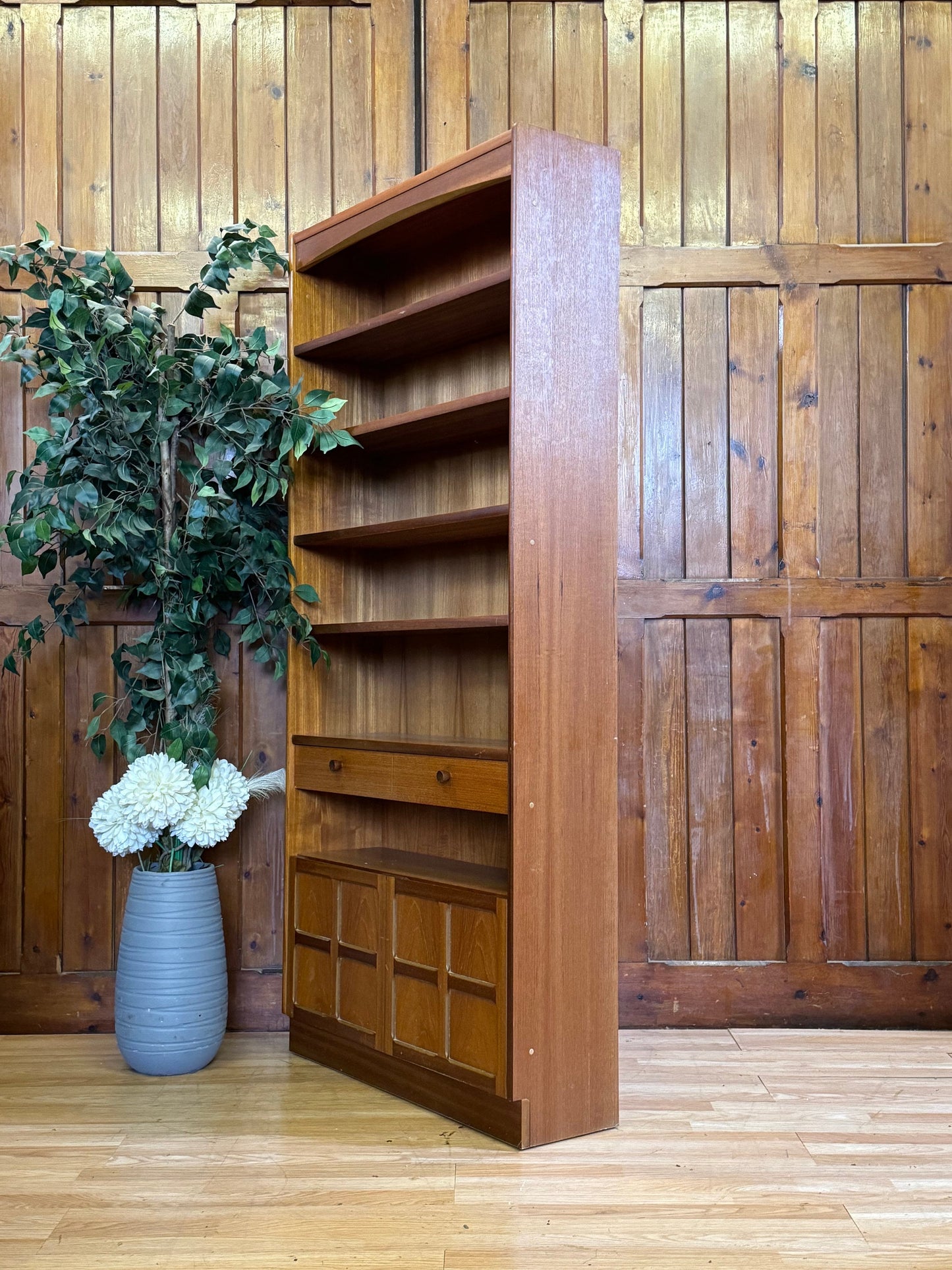 Large Teak Cabinet Bookcase by Nathan \ Mid Century Book Shelves \ Shelving Unit