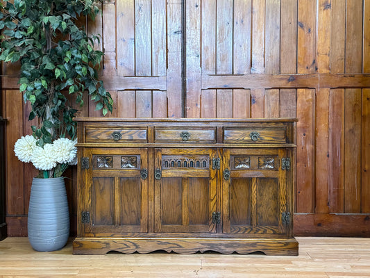 Vintage Old Charm Golden Oak Sideboard \ Large Carved Dresser Base Cabinet